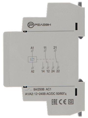 Модульное промежуточное реле 2 переключающих контакта 8А (12-240В AC/DC)