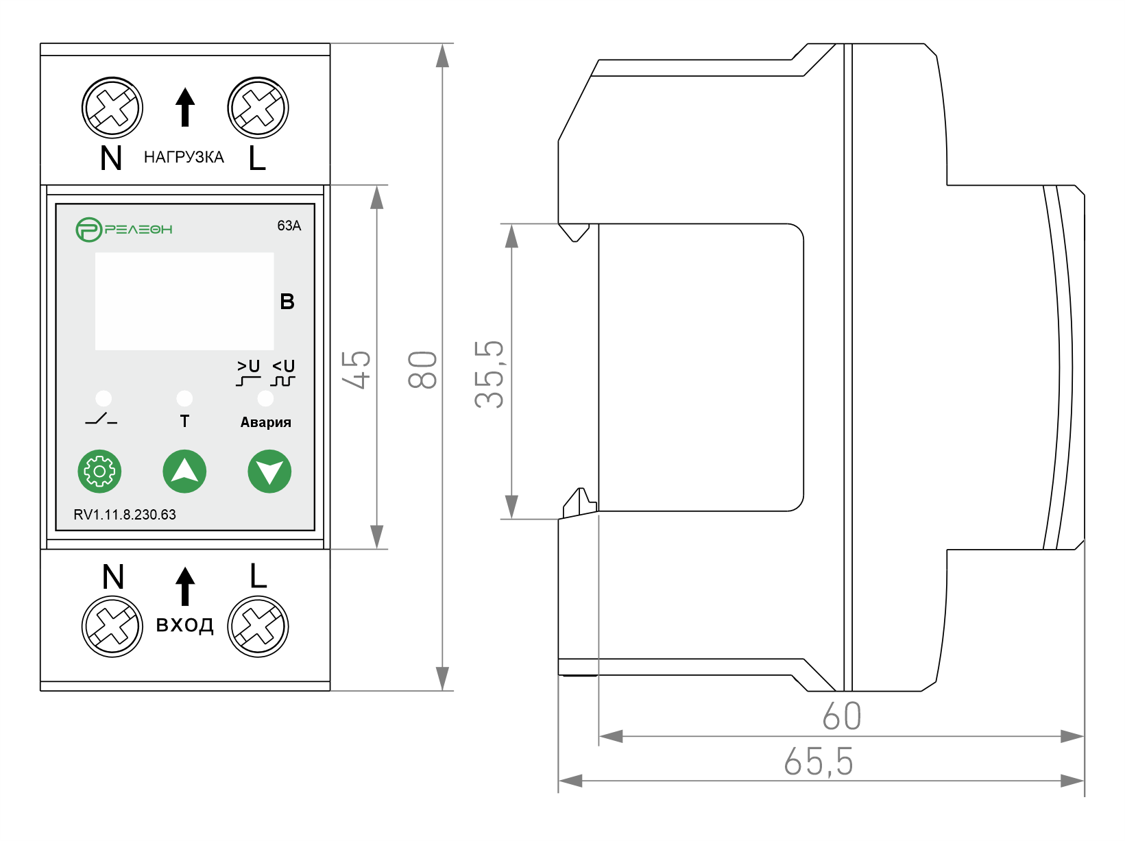Реле контроля напряжения 1L (230В AC) 63А