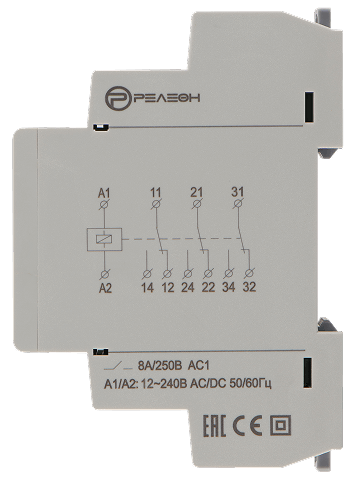Модульное промежуточное реле 3 переключающих контакта 8А (12-240В AC/DC)